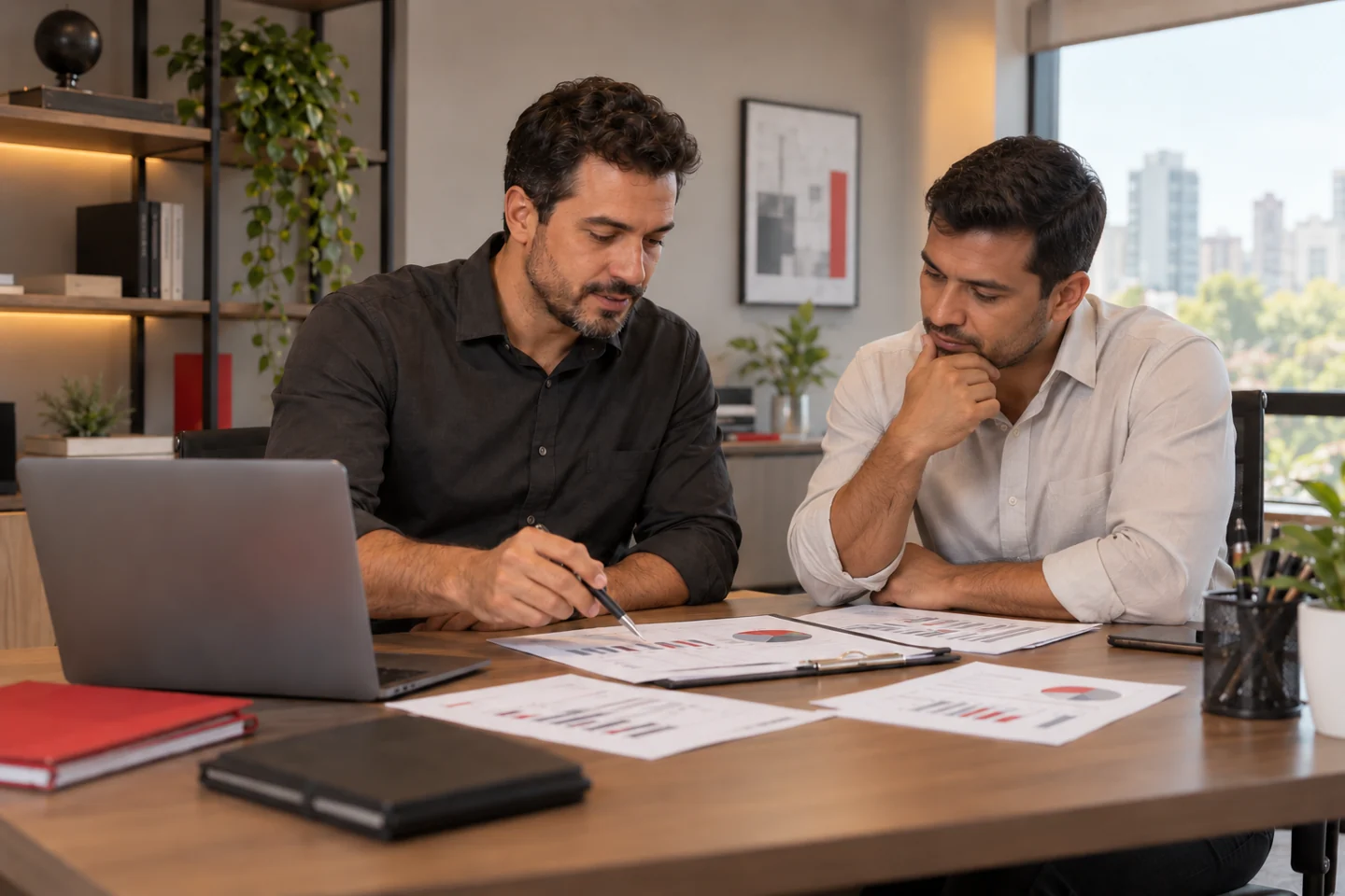 Imagem ilustrativa de dois homens analisando documentos financeiros.